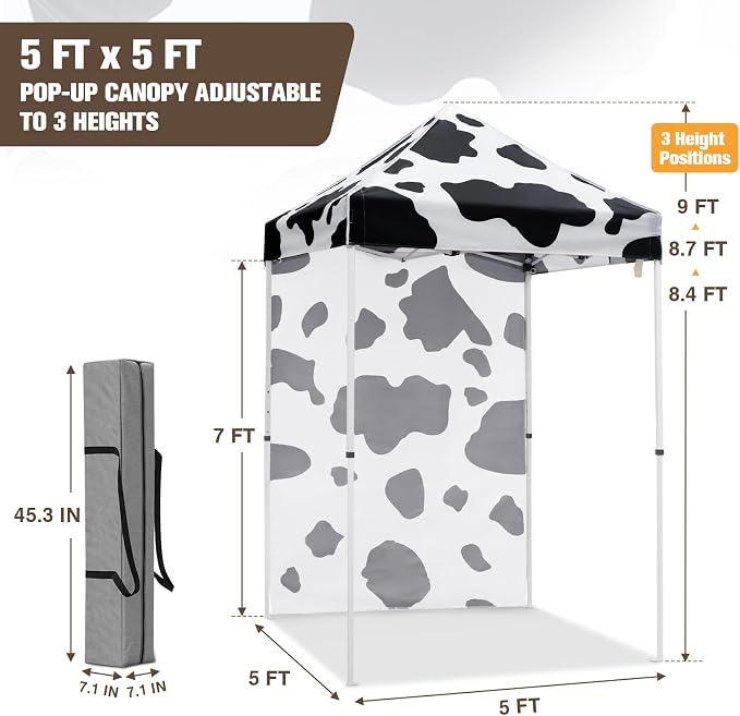 EAGLE PEAK Pop up Canopy 5x5, Outdoor Portable Canopy Tent with One Removable Sunwall, Carry Bag Included, Cow Print