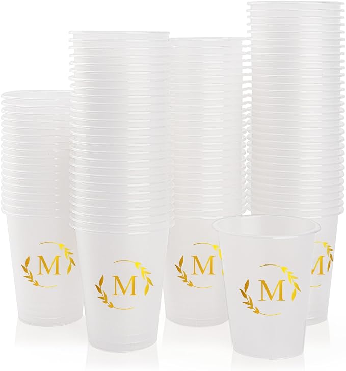 100 Monogrammed Cups Disposable Initial Plastic Cup 12 oz Wedding Personalized Cup for Wedding Reception Baby Shower Birthday Party(Letter M)