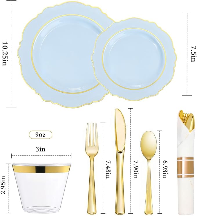 realluck 350 Piece Light Blue Plastic Dinnerware Set for 50 Guests Elegant Disposable Dinnerware for Weddings, Parties, 100 Plastic Plates, 50 Pre Rolled Napkins with Silverware, 50 Cups