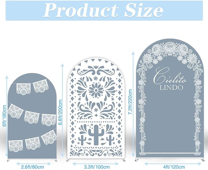 Set of 3 Arch Backdrop Cover Cielito Lindo Baby Shower Spandex Arch Fabric Cover for Mexican Bridal Wedding Birthday Party Decoration (6FT 6.6FT 7.2FT,Dusty Blue)