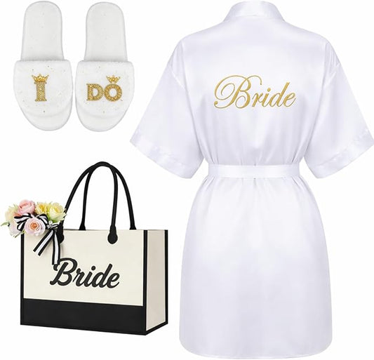 Berlune 3 Pcs Bride Robe for Wedding Day Set Bridal Robes Slippers Tote Bag for Bridal Shower Gift Bachelorette Party