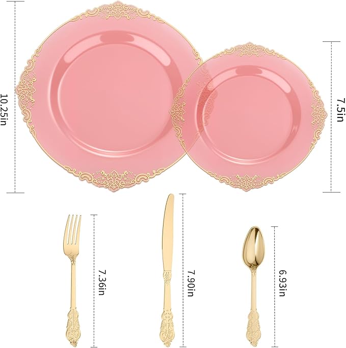 Goodluck 250 PCS Vintage Translucent Burgundy & Gold Rim Plastic Plates with Cutlery Set - Serves 50 - Heavy Duty Elegant Disposable Dinnerware for Thanksgiving, Fall Wedding, Holiday