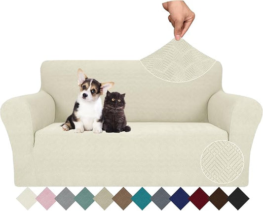 JIVINER Stretch Loveseat Slipcovers 1 Piece Love Seat Sofa Cover Spandex 2 Seater Couch Covers Universal Furniture Protector with Elastic Bottom (Medium, Beige Rhomb)