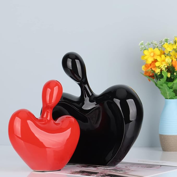 DOVDOV Ceramic Love Statue, Male and Female Couple embracing Sculpture, Black and red Home Decor, Wedding for Parents, Love Sign Figurines on The Shelf in The Living Room, 2-Piece Set