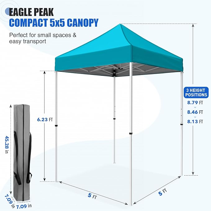 EAGLE PEAK 5x5 Pop Up Canopy Tent Instant Outdoor Canopy Easy Set-up Straight Leg Folding Shelter, Turquoise