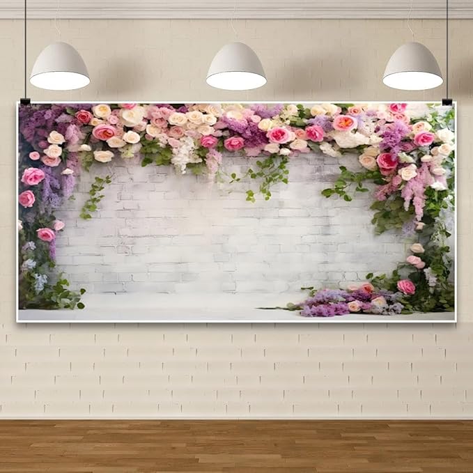 15x8ft Retro White Brick Wall Floral Backdrop Romantic Roses Vine Leaves Photography Background Girls Birthday Party Wedding Bridal Shower Flowers Brick Wall Decoration Supplies Photo Booth Props