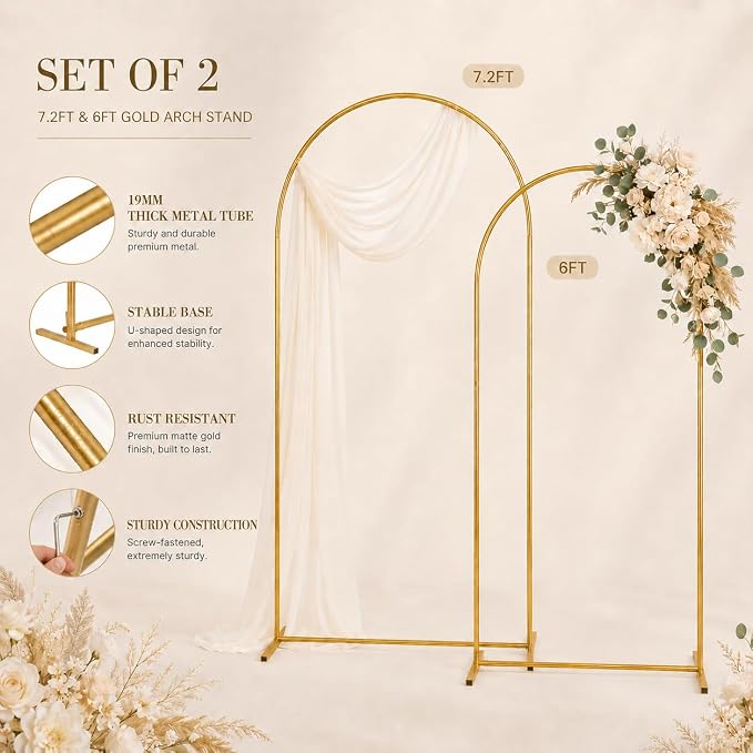 Gold Wedding Arch Backdrop Stand Set of 2, 7.2FT & 6FT Metal Arch Backdrop for Wedding Ceremony, Balloon Garland & Baby Shower Backdrop, Bridal Shower Decor, Arcos para Decoracion de Fiestas