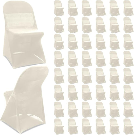 Newwiee 50 Pcs Spandex Chair Covers Bulk - Stretch Folding Flat Front Fitted Universal Chair Protector Pack Removable Washable for Wedding Party Dining Banquet Event (Beige)