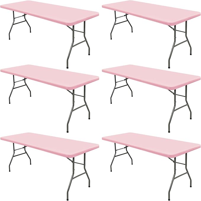 6 Pack Picnic Table Cover Fitted Elastic Tablecloth for 8 Foot Rectangle Tables Waterproof Stretch Washable Folding Indoor Outdoor Spandex Table Cloth for Parties Banquet Camping (Pink,30" x 96")