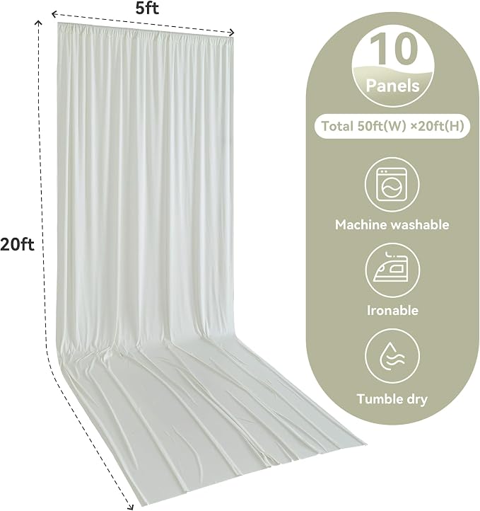 10 Panels 5x20ft Ivory Ceiling Drapes for Wedding Parties, Wrinkle Free Thick Polyester 20ft Extra Long Wedding Draping Ivory Ceiling Curtains Arch Drapery for Birthday Party Canopy Tent Decor