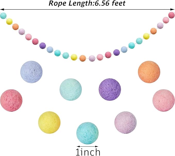 WILLBOND 2 Pieces Wool Felt Rainbow Ball Garland Colorful Pom Pom 6.5 ft Long 24 Ball Garland for Easter Mardi Gras Classroom Halloween Thanksgiving Xmas (Multiple Colors)