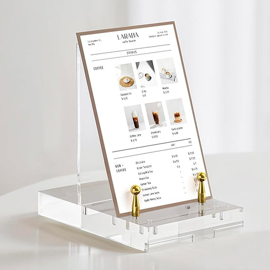 Acrylic Easel Display Stand, Clear Table Easel Picture Frame Holder with Adjustable Tilt, Perfect for Phones, Art, Weddings, Office & Home Décor, Gold-2P