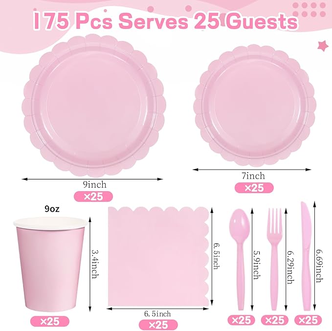 175 Pcs Pink Plates and Napkins, 25 Set Scalloped Pink Dinnerware | Light Pink Party Decor Include 9" Paper Plates, 7" Dessert Plates, 6.5 Inch Napkins for Girls Birthday, Bridal Baby Shower