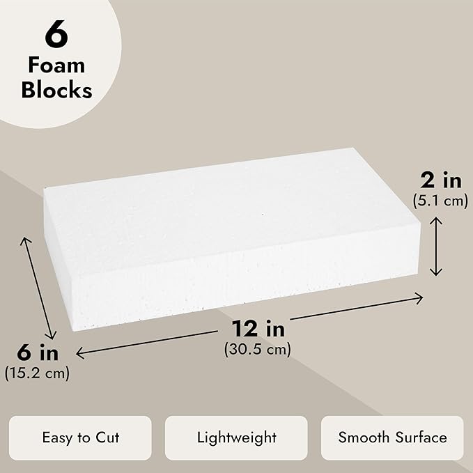 Juvale Smooth Foam Craft Blocks for DIY Craft & Floral Arrangement - Foam Carving Blocks - 12 x 6 x 2 In, White, 6 Pack