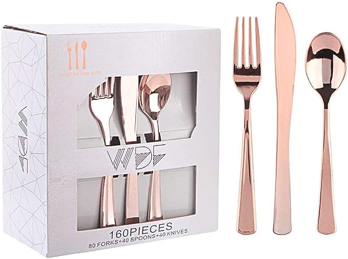 WDF160 Piece Rose Gold Disposable Cutlery Set - Heavyweight Plastic Silverware - Includes 80 Forks, 40 Spoons, 40 Knives - Rose Gold Silverware Perfect for Wedding Party Birthday