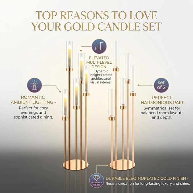2pcs 42.5in Gold Floor Candelabra 5 Arm Gold Candelabra with Glass Shades Candle Holders,Elegant Metal Candlestick Stand for Perfect for Wedding Dining Room Living Room Event Decor