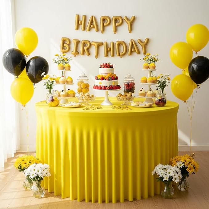 6 Pack Yellow 60 inch Round Spandex Tablecloth,Wrinkle-Free Stretchy Fitted 5FT Round Tables,Elastic Edge with Skirt,Washable Tablecloths for Wedding Banquet Party Birthday Buffet