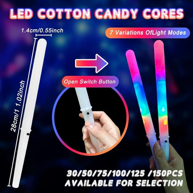 30 Pcs LED cotton candy cones,Glowing cotton candy sticks，Cotton candy holder reusable and waterproof, suitable for Christmas party (colorful)