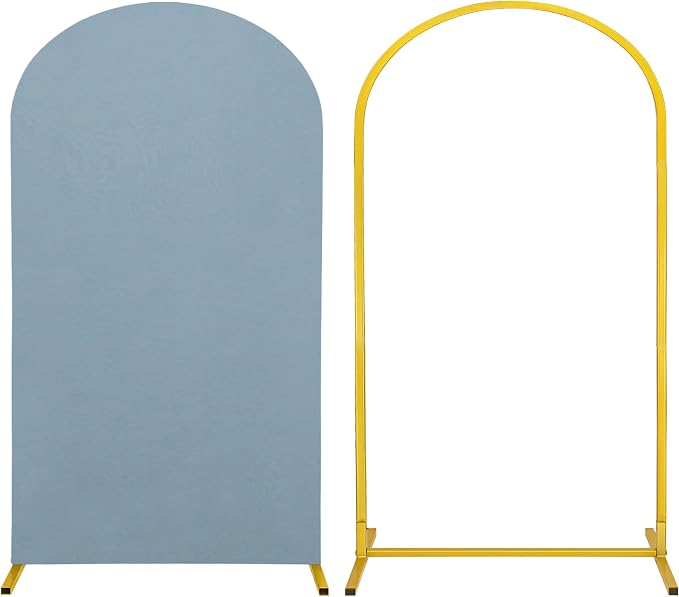 Metal Arch Stand and Cover Set,1 Dusty Blue Spandex Fitted Backdrop with 1 Gold Wedding Arched Stand Frame for Parties Birthday Baby Shower Bridal Banquet Decoration (7.2FT)