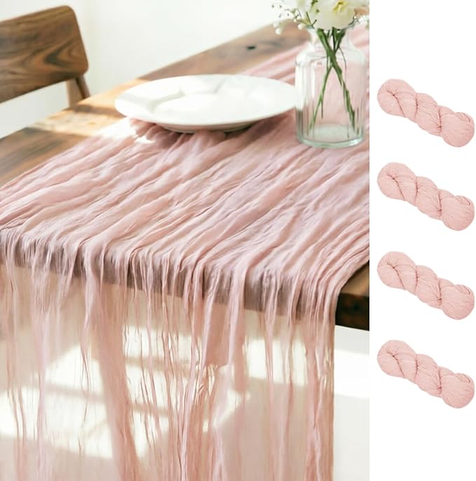 LINXTAR Dusty Pink Cheesecloth Table Runner 4 Pack 160 Inches 14Ft Gauze Summer Boho Table Runner for Wedding Tea Party Baby Shower Bridal Birthday Home Decoration