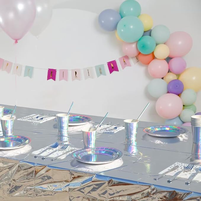 201-piece disposable party tableware set with paper plates, cups, napkins, straws, tablecloths, plastic knives, forks and spoons for a variety of party occasions for up to 25 people (Silver Rainbow)