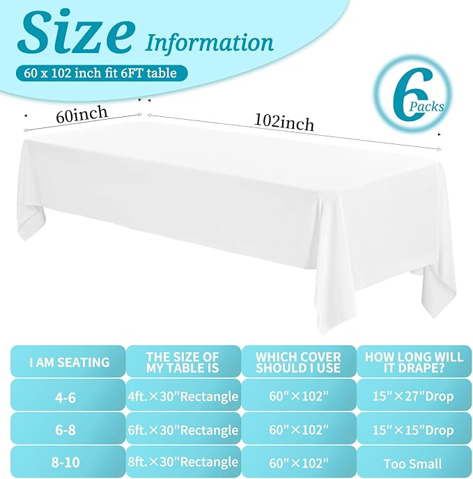 YMHPRIDE 6 Pack White Polyester Tablecloths, 60 x102 inch, Rectangular, Classic, Solid, Wrinkle Resistant, Machine Washable, 6FT Table Covers for Wedding, Party, Banquet, Buffet