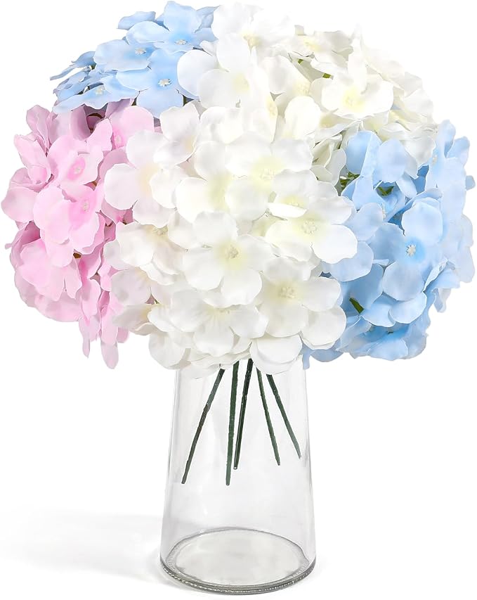 Auihiay 64Pcs Hydrangea Artificial Flowers Bulk, Faux Hydrangea Flowers Heads with Stems for Engagement Baby Shower Wedding Arch Birthday Anniversary Bridal Shower(Mixed Color)