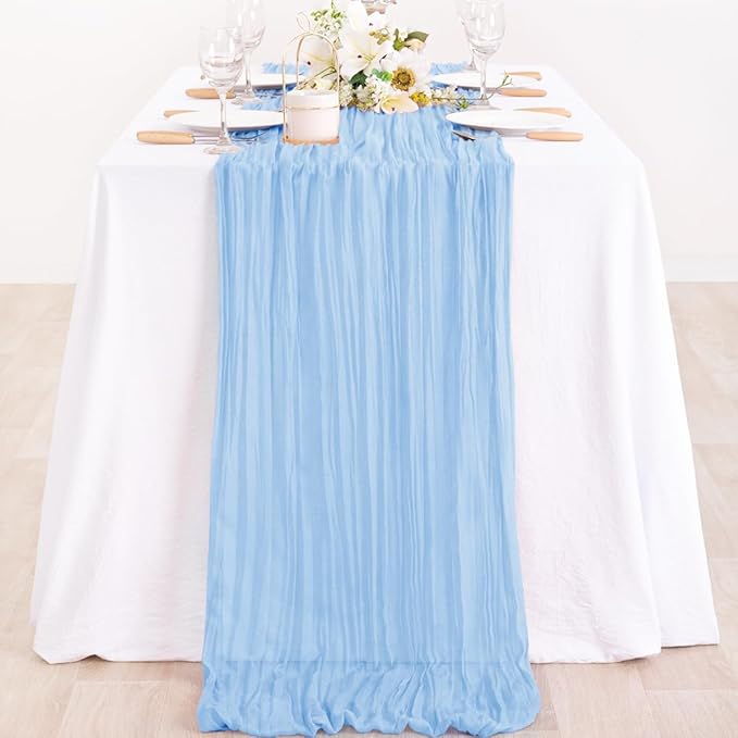 MLMC Light Blue Table Runner Baby Blue Cheesecloth Table Runner 10ft Baby Shower Decorations Rustic Gauze Cheese Cloth Centerpiece 35x120 Inches for Gender Reveal Birthday Party Wedding Decor