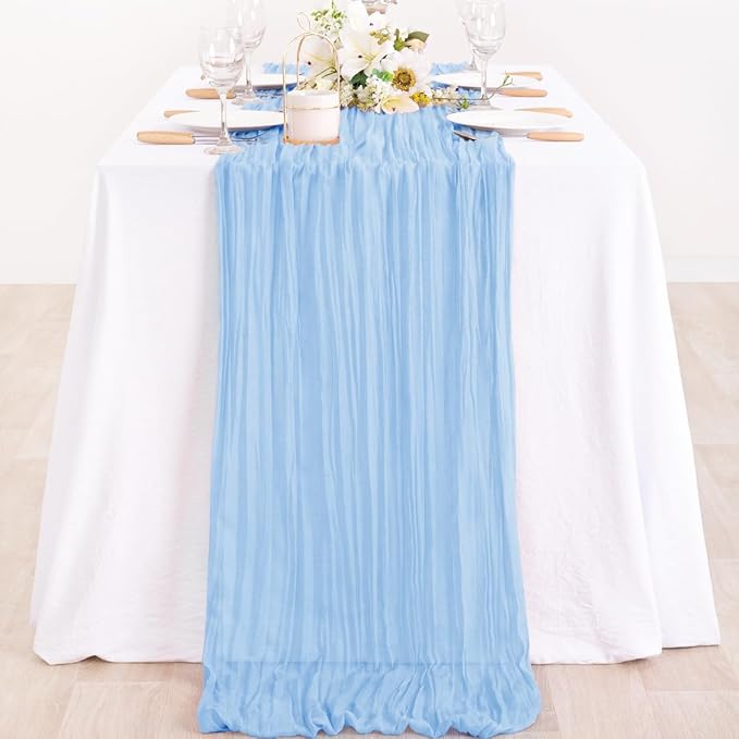 MLMC 6 Pack Baby Blue Cheesecloth Table Runner Baby Blue Table Runner 10ft Sheer Rustic Cheese Cloth Baby Shower Decorations 65x120 Inches for Birthday Gender Reveal Baby Shower Wedding Decor