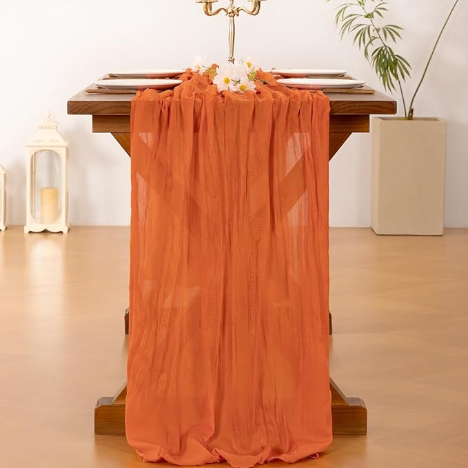 Socomi 3pcs Orange Cheesecloth Table Runner Summer Boho Rustic Gauze 120 inch 10FT Cheese Cloth Sheer Runner for Wedding Party Baby Shower Birthday Home Decor Holiday Decorations