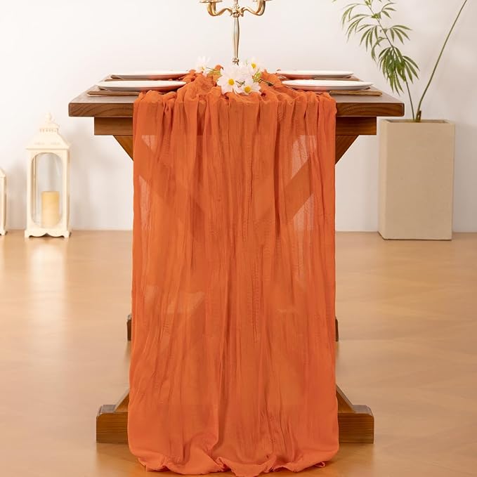 Socomi 6pcs Orange Cheesecloth Table Runner Summer Boho Rustic Gauze 120 inch 10FT Cheese Cloth Sheer Runner for Wedding Party Baby Shower Birthday Home Decor Holiday Decorations