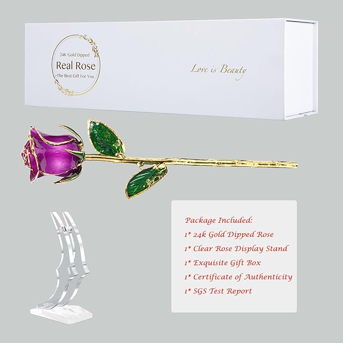 Gold Rose, 24K Gold Dipped Real Rose is Attractive Luster and Natural Shape, Best Gifts for Anniversary Wedding Valentines Day (Purple Original Rose with Stand)