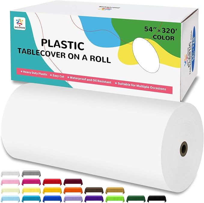 54IN X 320FT Plastic Table Cover Roll with Cutter Box, Cut to Size Plastic Table Cloths for Parties, Birthday, Disposable Tablecloth Roll for All Shape Tables (White, 54 Inch X 320 Feet)