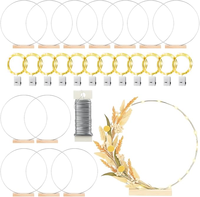 12 Pack Floral Hoop with Stand and LED Fairy Lights 14 inch Metal Rings for DIY Centerpiece Table Decorations Crafts Macrame Rings Hoop Wreath Dream Catcher Ring Wedding Christmas Wreaths, Silver