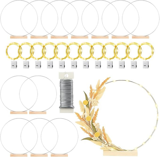 12 Pack Floral Hoop with Stand and LED Fairy Lights 14 inch Metal Rings for DIY Centerpiece Table Decorations Crafts Macrame Rings Hoop Wreath Dream Catcher Ring Wedding Christmas Wreaths, Silver
