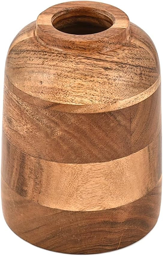 Kimona Vase Acacia Wood Vintage Farmhouse Flowers Vase for Home Office Table Shelf Mantel Porch Decorations (4" X 4" X 6")