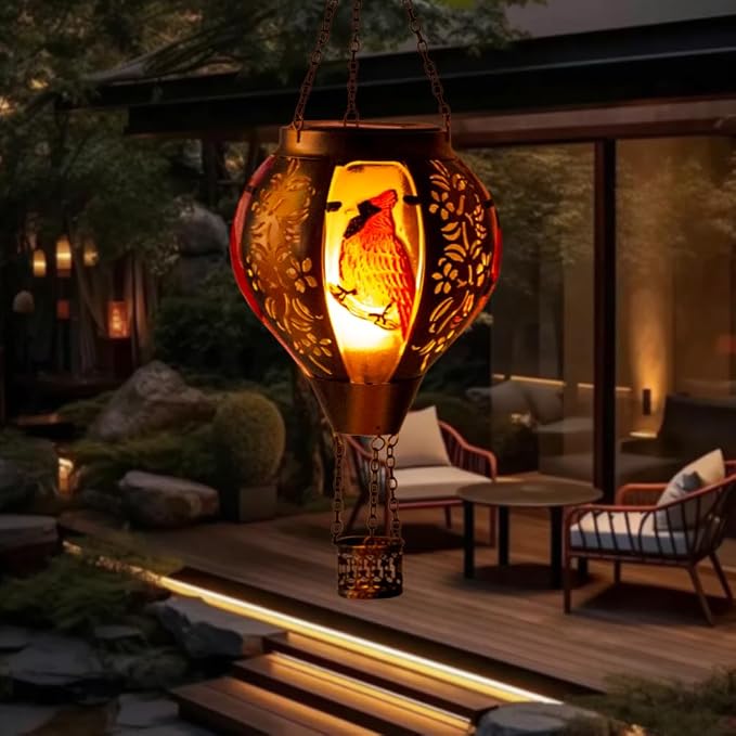 STARSOUL Cardinal Solar Hot Air Balloon Lantern with Flickering Flame, Cardinals Hanging Solar Lantern Outdoor Waterproof, Red Bird Hot Air Balloon Solar Light Decorations for Garden Yard Lawn