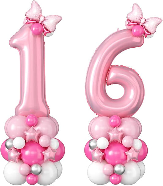 Pink Number 16 Balloons 40 Inch Pastel Pink 16th Birthday Party Decorations Baby Hot Pink White Number 61 Foil Balloon Tower with Bows Giant Large Digit Helium Balloon for Girls Women 61st Anniversary