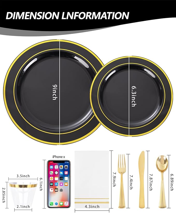 GATHER 350PCS Black Plastic Plates - Black and Gold Disposable Dinnerware Set Include 100 Plates, 150 Gold Silverware, 50 Napkins, 50 Cups for Party & Wedding & Birthday