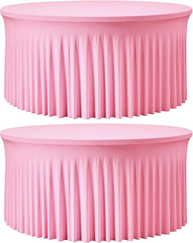 2 Pack Pink 72 inch Round Spandex Tablecloth, Washable Stretchy Fitted 6FT Round Tables,Elastic Edge with Skirt, Wrinkle-Free Table Cloths for Wedding Banquet Party Birthday Buffet