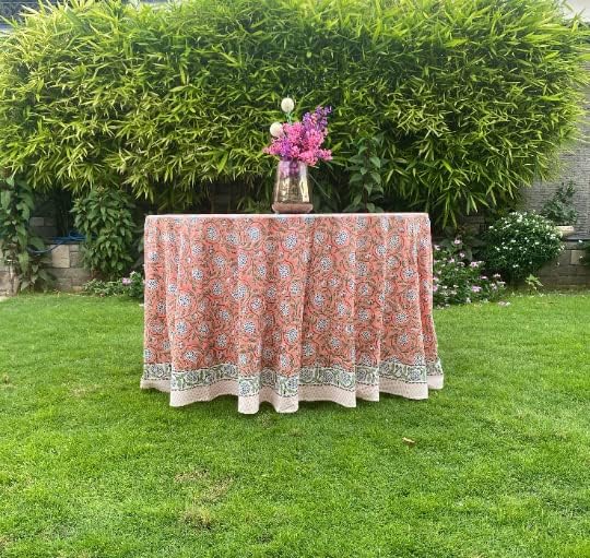 Ridhi Round Tablecloth Hand Block Print 100% Cotton Reusable Dark Salmon 132 Inch Table Cover Decorative Everyday Use for Dining, Home, Party, Wedding, Farmhouse, Party Gift for Spring, Mother's Day