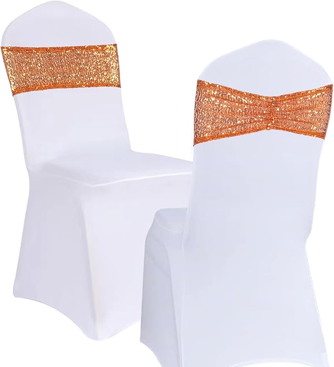 Eternal Beauty Set of 50 Orange Chair Sashes Band Bows Sequin Chair Sashes for Wedding Cover Decorations