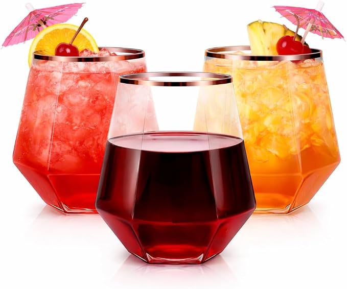 Oojami 40 Pack Plastic Disposable Wine Glasses 12 oz Diamond Stemless Rose Gold Rim - Shatterproof Unbreakable BPA-Free Recyclable Reusable Cups for Weddings Parties Birthday Champagne Cocktail