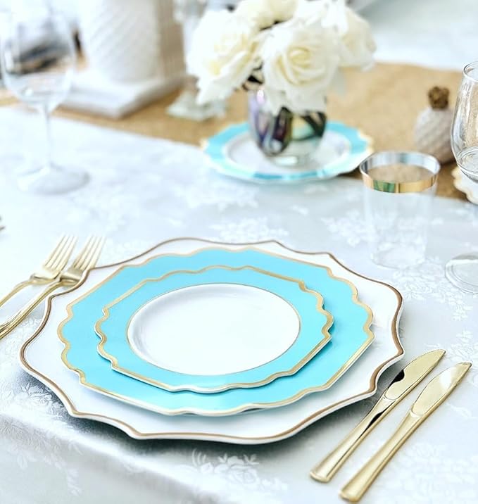 OCCASIONS 80 Plates (40 Guests) Heavy Duty Disposable Aqua & Silver Plastic Plates for Wedding Party, Elegant Dinner & Dessert Set, 40x10.5" + 40x8" - Imperial Aqua & Silver