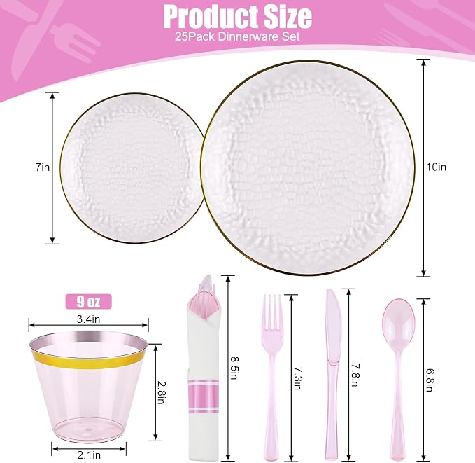 175PCS Pink Hammered Plastic Dinnerware Set for 25 Guests - Disposable Pink Plates with Gold Rim, Heavy Duty Cups Pre-Rolled Napkins with Cutlery (Forks/Knives/Spoons), Ideal for Wedding, Party