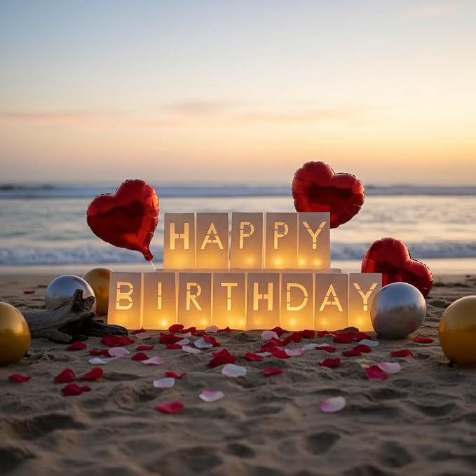 Happy Birthday Decorations for Women and Men - Surprise Set with Light Up Letters Sign Luminary Paper Bags, 30 LED Tea Light Candles, Red Heart Balloons, 1000 Red & Pink Artificial Rose Petals