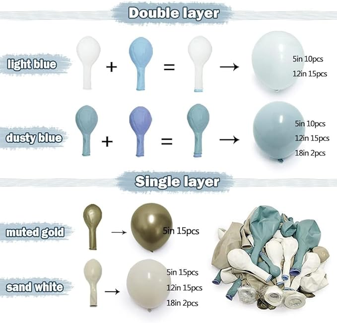 Dusty Blue White Sand Balloon Garland Double Stuffed Pastel Light Blue Cream Beige Matte Balloon Arch Kit with Gold Latex for Neutral Baby Shower Bridal Wedding Birthday Mothers Day Summer Party
