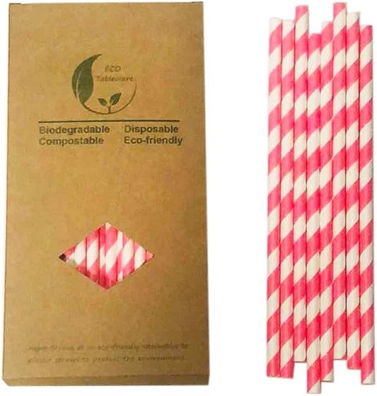Hot Pink Striped Paper Drinking Straw - 7.75 inch, 100 Pack Disposable Bright Pink and White Straw Cake Pop Sticks for Cute Princess Birthday Party Suppliers, Wedding Decoration