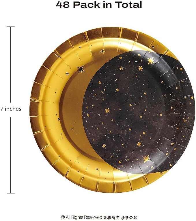 Cheerland Gold Metallic Foil Star and Moon Paper Plates for Galaxy Theme Party Tableware Set Starry Night Outer Space Birthday Party Table Christmas Decorations Twinkle Twinkle Little Stars (48, Gold)