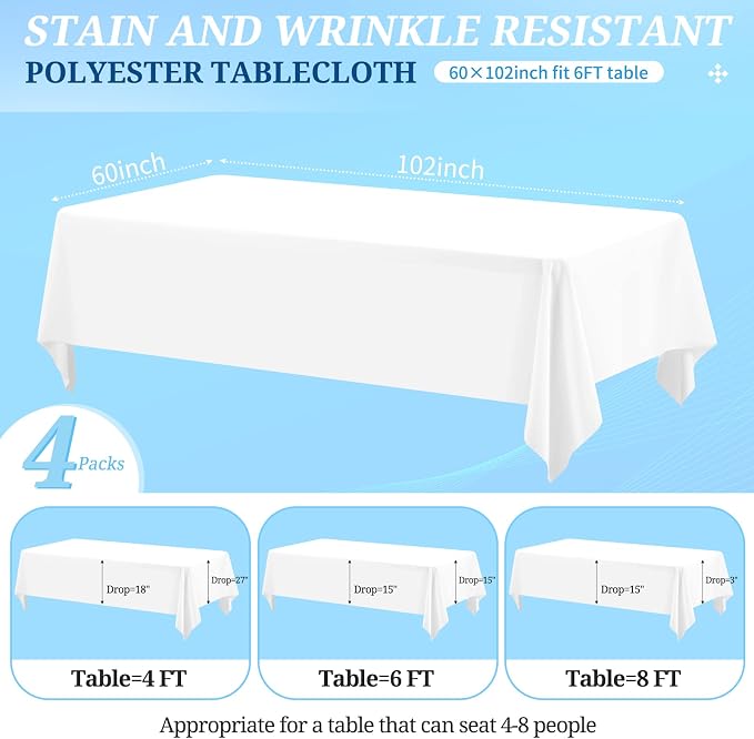 4 Pack White Tablecloths for 6ft Rectangle Tables 60 x 102 Inch - Polyester Table Cover Stain and Wrinkle Resistant Washable Fabric Table Clothes for Wedding Party Banquet Reception Restaurant